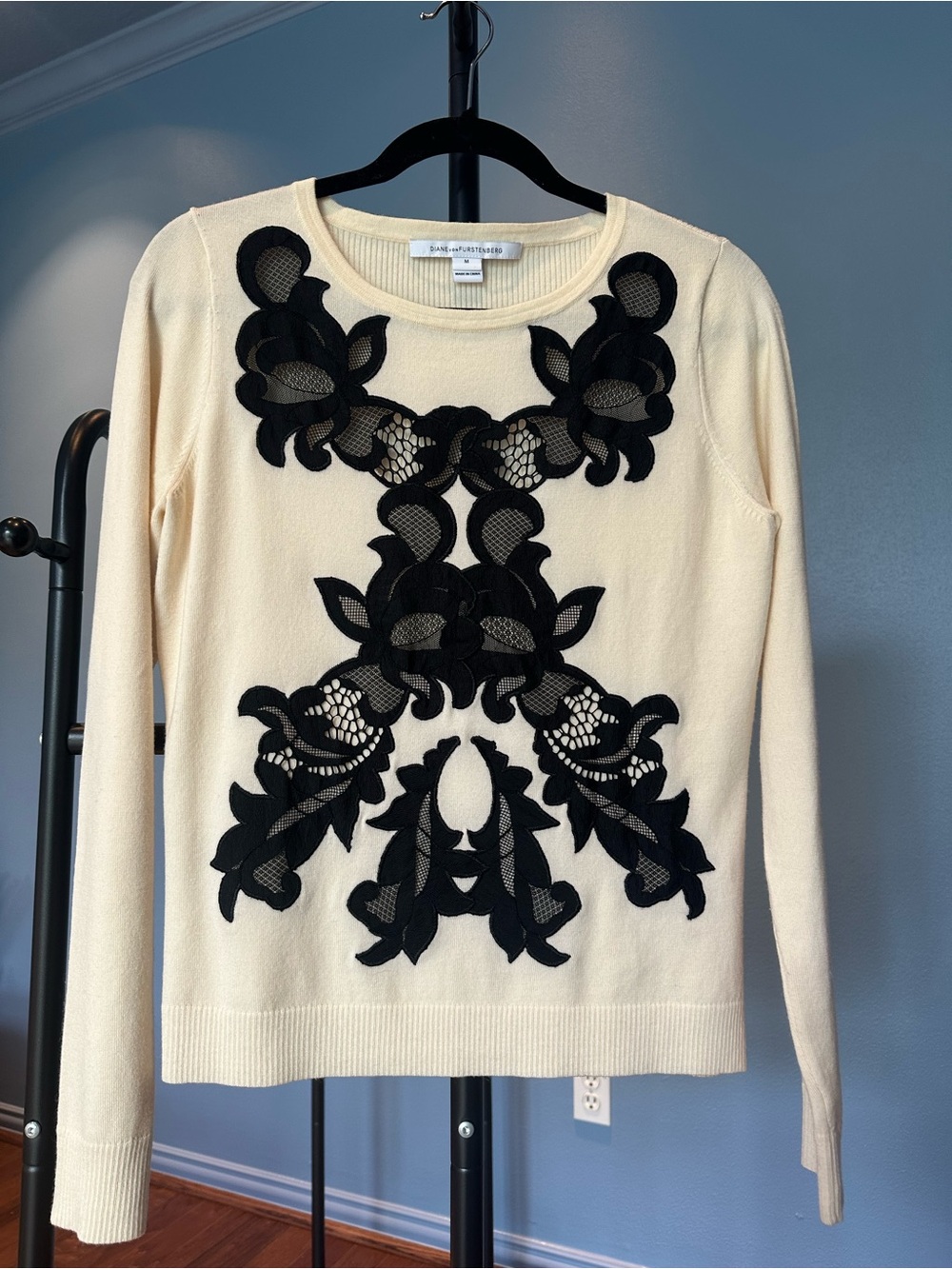 Diane Von Furstenberg Cream Sweater with Black Applique